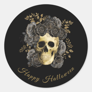 Sticker Rond Crâne gothique Noir & Or Roses Halloween