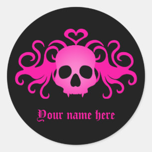Sticker Rond Crâne gothique rose sur noir