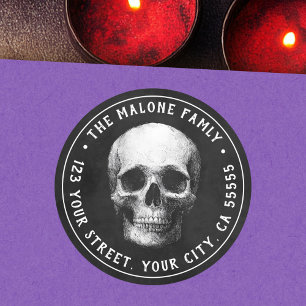 Sticker Rond Crâne Halloween adresse de retour noir