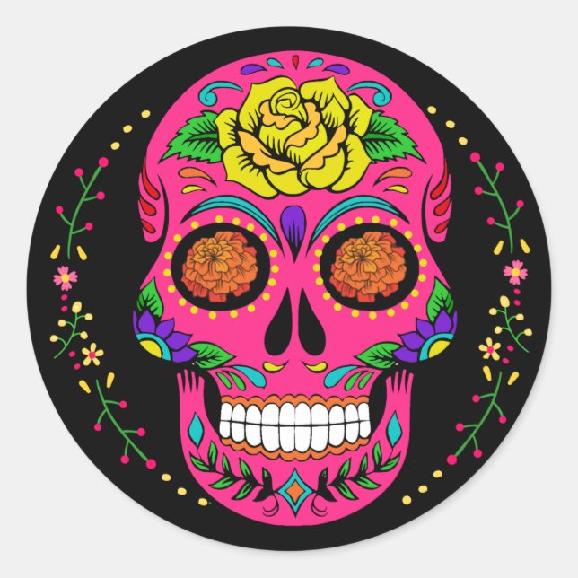 Sticker Rond Crâne Halloween de sucre de Día de los Muertos (Devant)