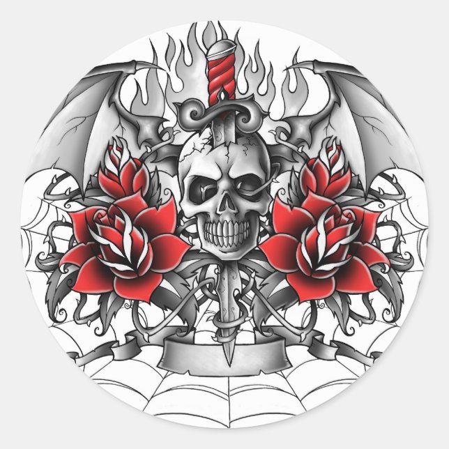 Sticker Rond Crâne n Dagger avec ailes diaboliques (Devant)