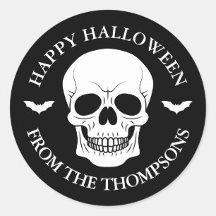 Sticker Rond Crâne noir et blanc et chauves-souris avec texte H