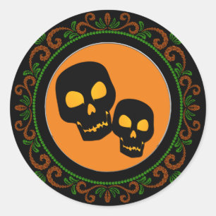 Sticker Rond Crâne noir vert orange Halloween