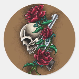 Sticker Rond Crâne occidental aux roses rouges et pistolet de r