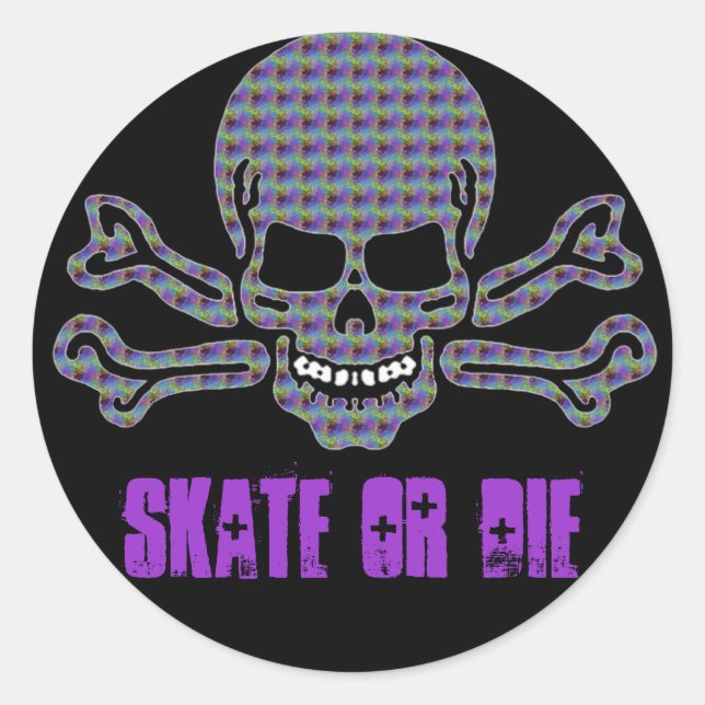 Sticker Rond crâne psychédélique et os croisés (Devant)