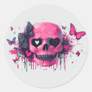 Sticker Rond Crâne rose avec papillons et coeurs