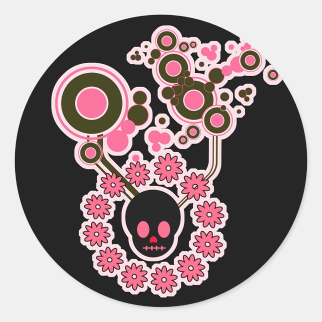 Sticker Rond Crâne rose et cercles de fleurs (Devant)