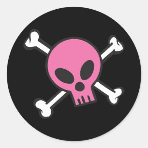 Sticker Rond Crâne rose et os croisés