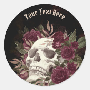 Sticker Rond Crâne Roses Bourgogne Noir Grunge Personnalisé Cla