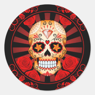 Sticker Rond Crâne rouge vintage de sucre avec l'affiche de