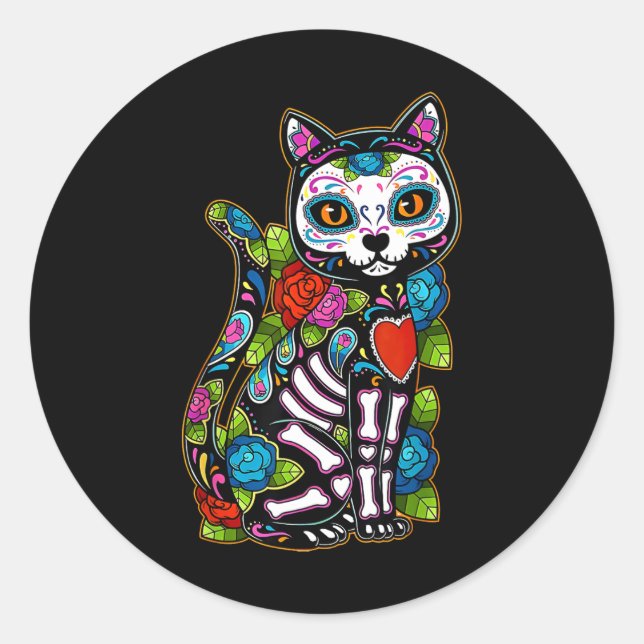 Sticker Rond Crâne sucre Chat noir De Los Muertos Catrina Jour  (Devant)