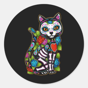 Sticker Rond Crâne sucre Chat noir De Los Muertos Catrina Jour 