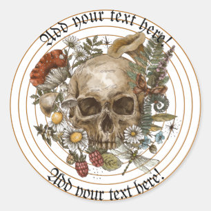 Sticker Rond Crâne Vintage Floral en Cercles Rayés Or