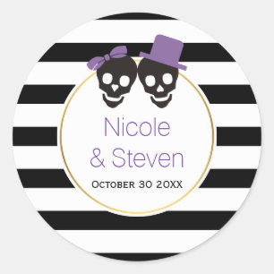 Sticker Rond Crânes et rayures violet mariage d'Halloween