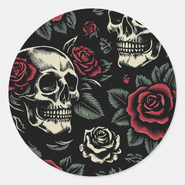 Sticker Rond Crânes et roses rouges Floral gothique (Devant)