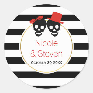 Sticker Rond Crânes, noir blanc rayures rouge Halloween mariage