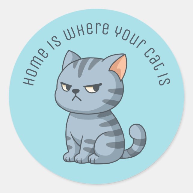 Sticker Rond Cranky Grey Tabby Cat Custom Text Blue (Devant)