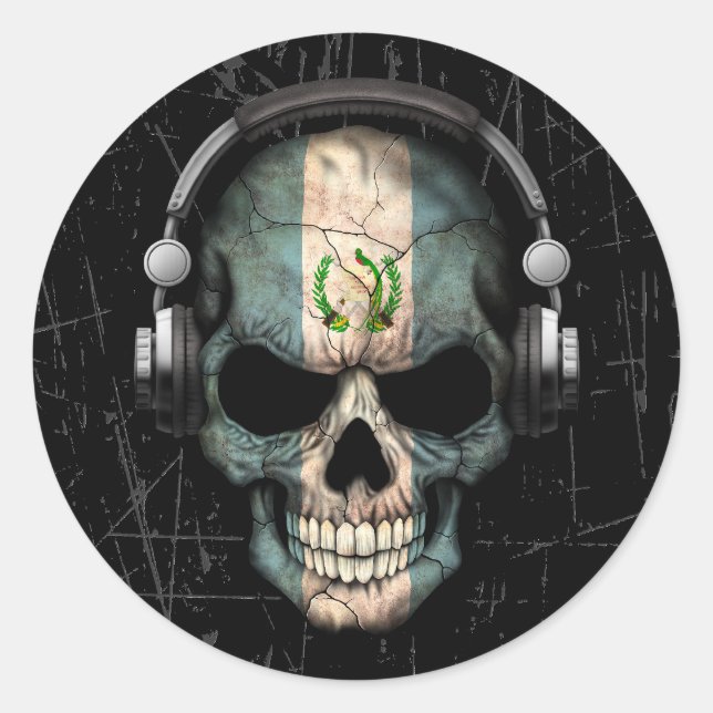Sticker Rond Cratché Dj crâne guatémaltèque avec casque (Devant)