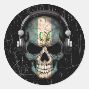 Sticker Rond Cratché Dj crâne guatémaltèque avec casque