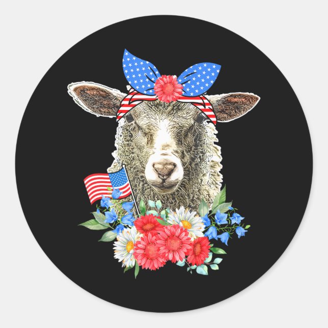 Sticker Rond Cravate Floral Sheep Bow Drapeau Américain Joyeux  (Devant)