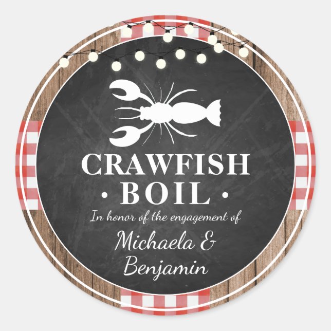 Sticker Rond Crawfish Boil Homard Engagement Partie Rustique (Devant)