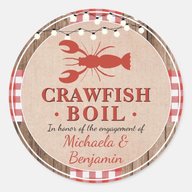 Sticker Rond Crawfish Boil Homard Engagement Partie Rustique (Devant)