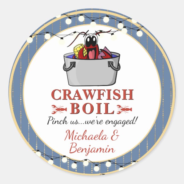 Sticker Rond Crawfish Seafood Boil Blue Gold Party Fiançailles (Devant)