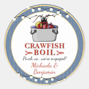 Sticker Rond Crawfish Seafood Boil Blue Gold Party Fiançailles
