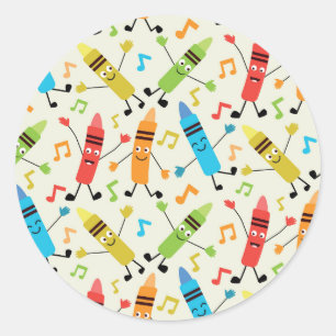 Sticker Rond Crayons de danse Kawaii drôles avec des notes de m