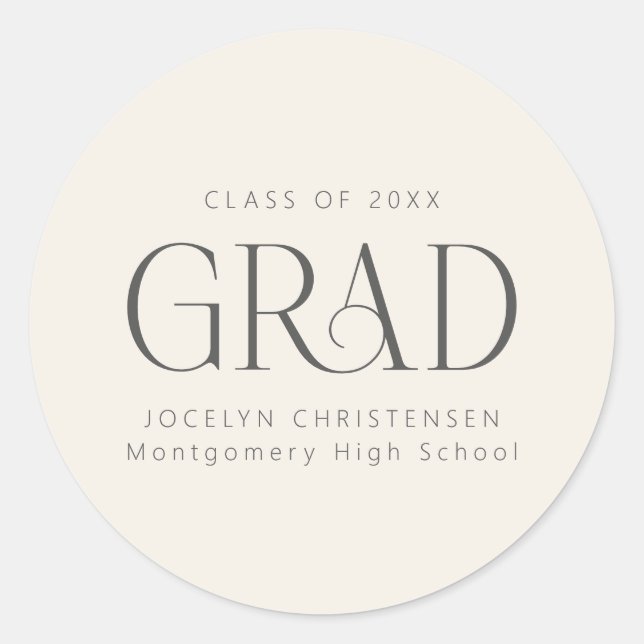 Sticker Rond Cream Gray Personalized 2026 Modern Grad Graduate (Devant)