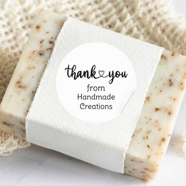 Sticker Rond Créations artisanales Merci Coeur (Handmade Creations Thank You Heart Classic Round Sticker)