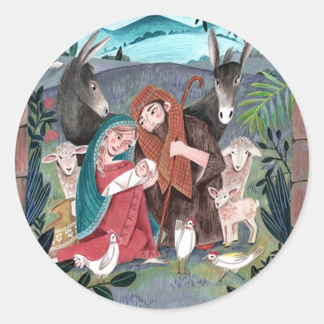 Sticker Rond Crèche religieuse bleu, rouge Marie & Joseph (Devant)