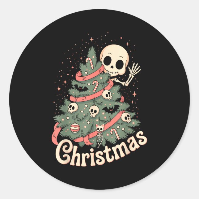 Sticker Rond Creepy Cute Kawaii Skeleton Christmas Tree Skull B (Devant)