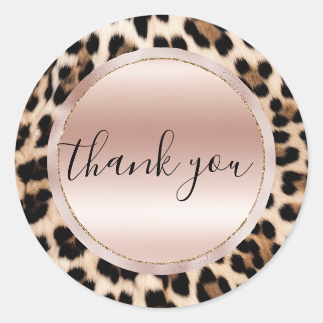 Sticker Rond Crème Brown Léopard noir Merci rose (Devant)