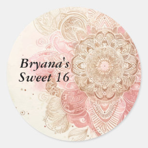 Sticker Rond Crème Brown rose Mandala Bohemian Boho Anniversair