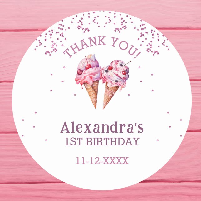 Sticker Rond Crème de glace rose fille 1er anniversaire Merci (Créateur téléchargé)