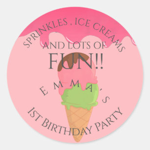 Sticker Rond Crème de glace rose thème Fille d'anniversaire pre