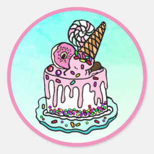 Sticker Rond Crème glacée Cone rose gâteau d'anniversaire saupo
