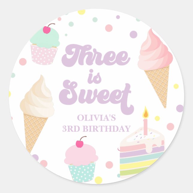 Sticker Rond Crème glacée et gâteau 3ème anniversaire (Devant)