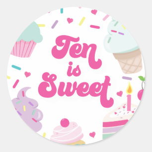 Sticker Rond Crème glacée et gâteau Dix est doux 10e anniversai