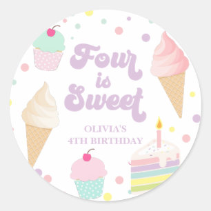 Sticker Rond Crème glacée et gâteau quatre est doux 4e annivers