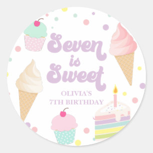 Sticker Rond Crème glacée et gâteau Sept est doux 7e anniversai