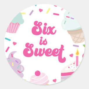 Sticker Rond Crème glacée et gâteau Six est doux 6e anniversair