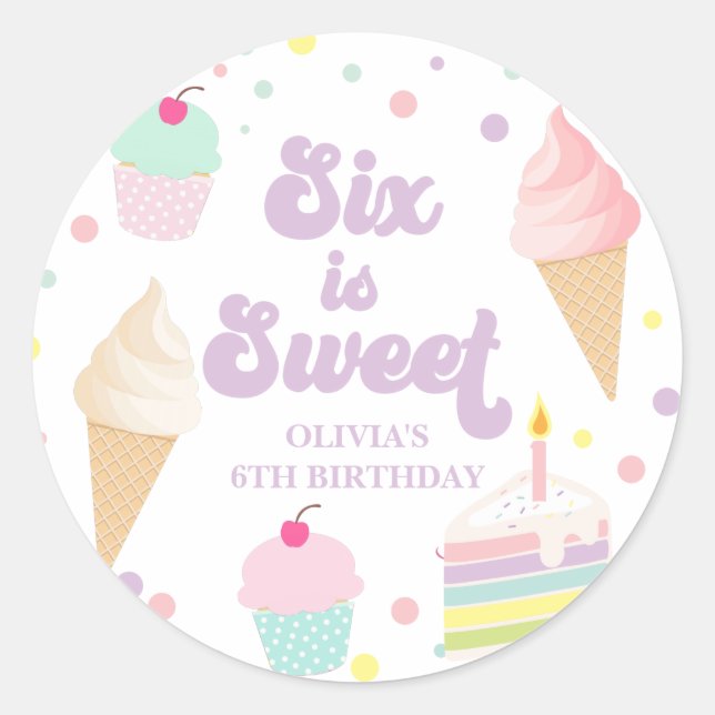 Sticker Rond Crème glacée et gâteau Six est doux 6e anniversair (Devant)