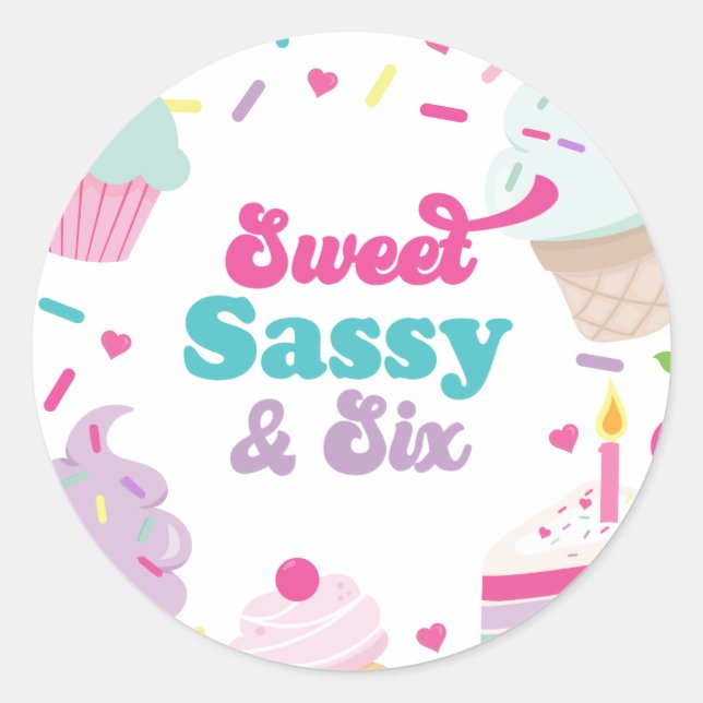 Sticker Rond Crème glacée et gâteau sucré Sassy Six 6e annivers (Devant)