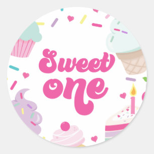 Sticker Rond Crème glacée et gâteau sucré Un 1er anniversaire