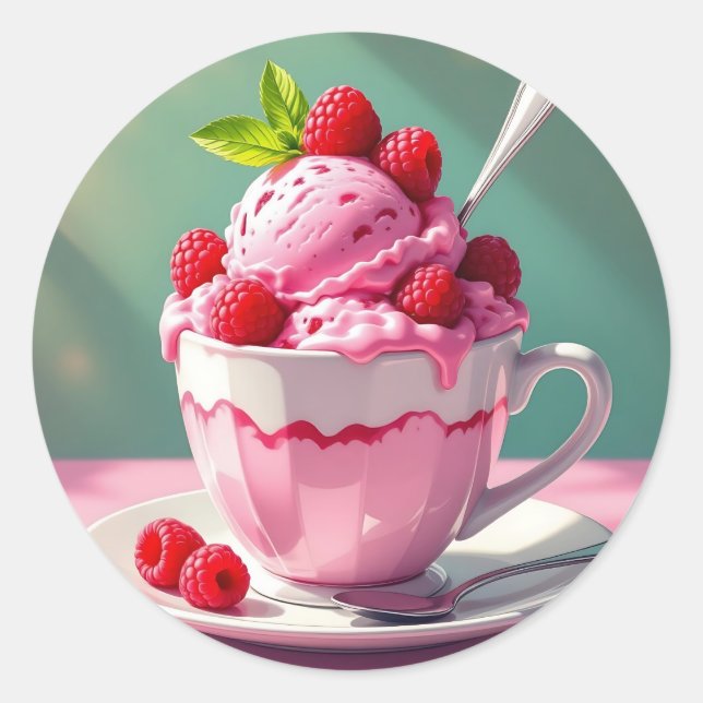 Sticker Rond Crème glacée framboise dans une coupe de café rose (Devant)