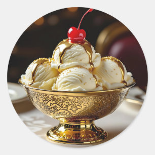 Sticker Rond Crème glacée Sundae avec sirop d'or Blank