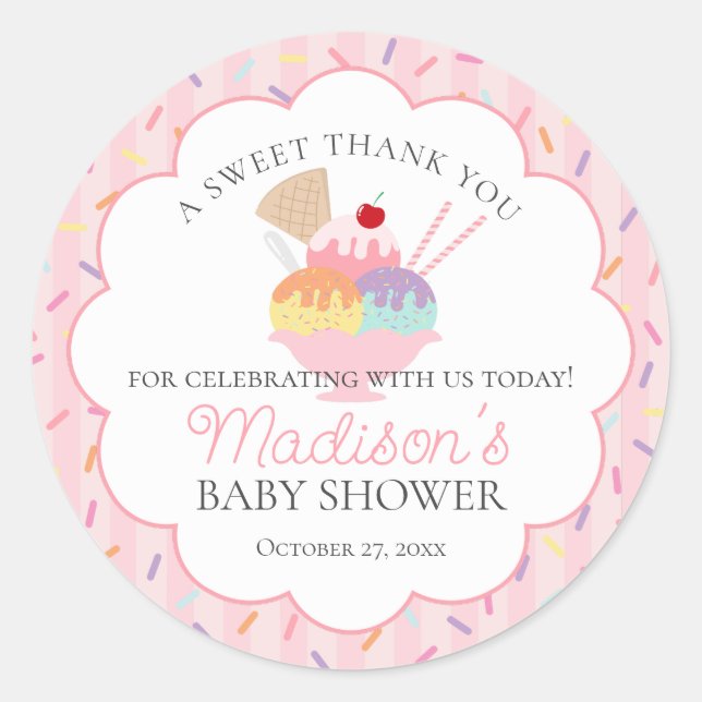 Sticker Rond Crème glacée Sundae Parsemé de Baby shower d'amour (Devant)