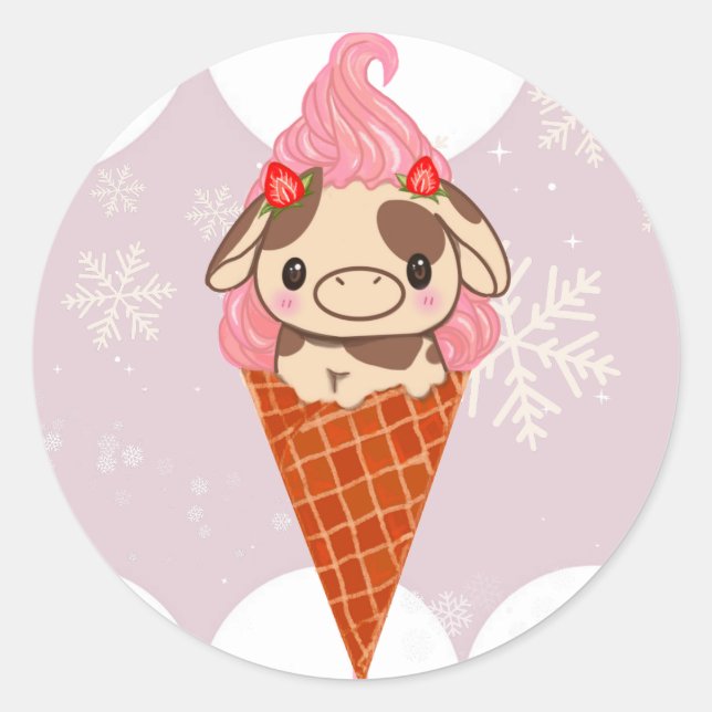 Sticker Rond Crème glacée Vache Conne sucré fraise neige hiver (Devant)